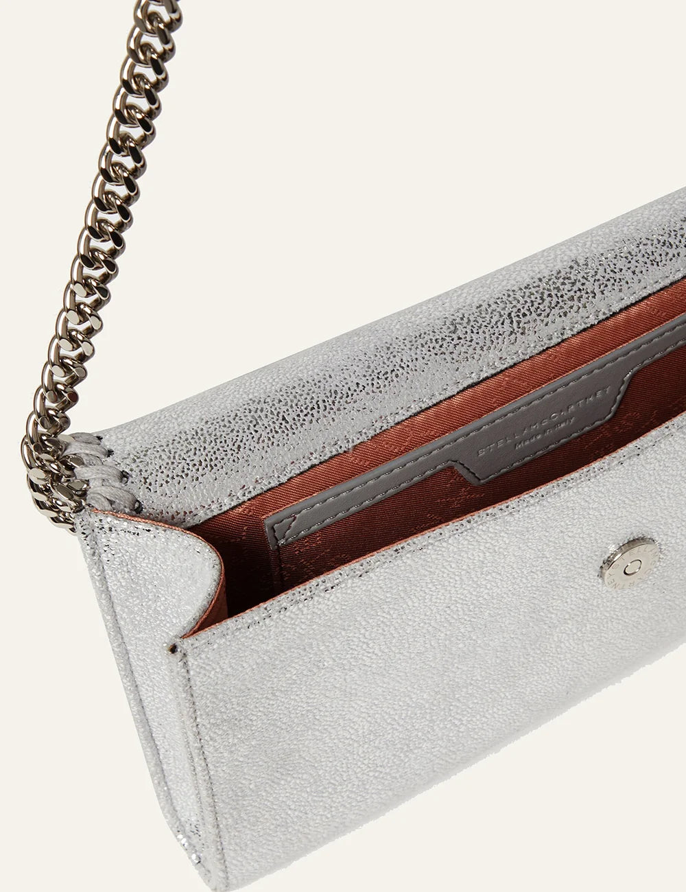 Interior view Stella McCartney Falabella silver crossbody με slip pocket