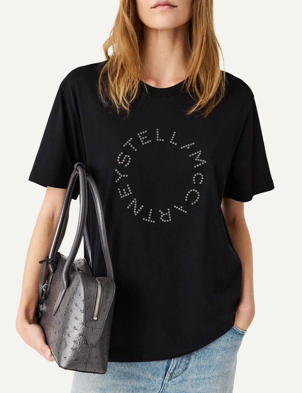 Stella McCartney logo circle embroidered detail black organic cotton