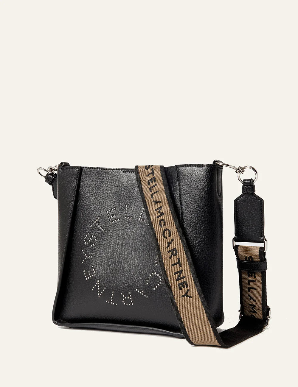 Side view Stella McCartney black shoulder bag με canvas logo strap