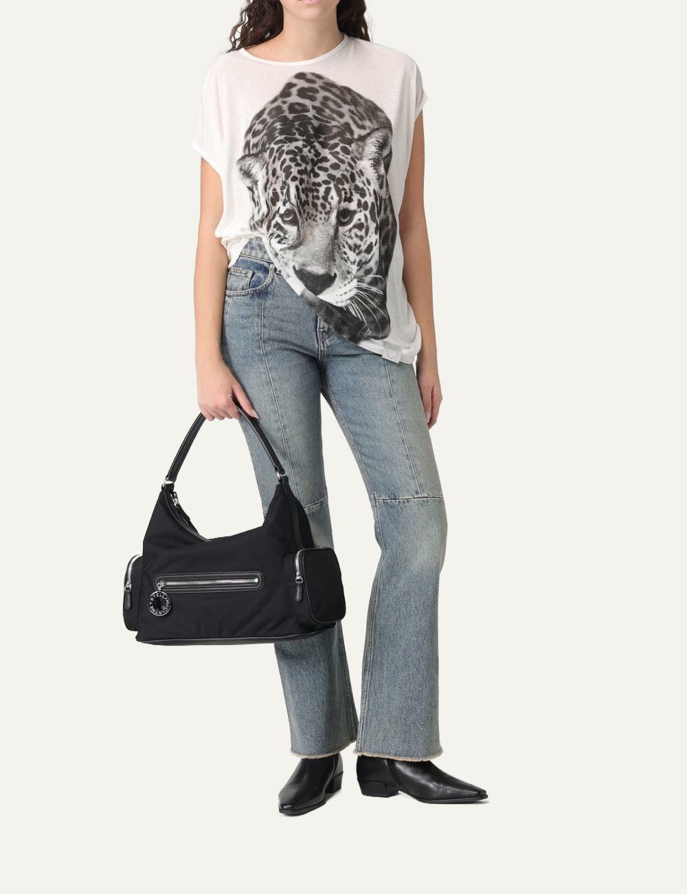 Stella McCartney Safari leopard print t-shirt worn on model casual look