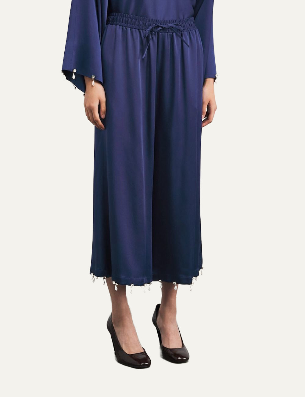 Stella McCartney satin wide leg trousers blue front view