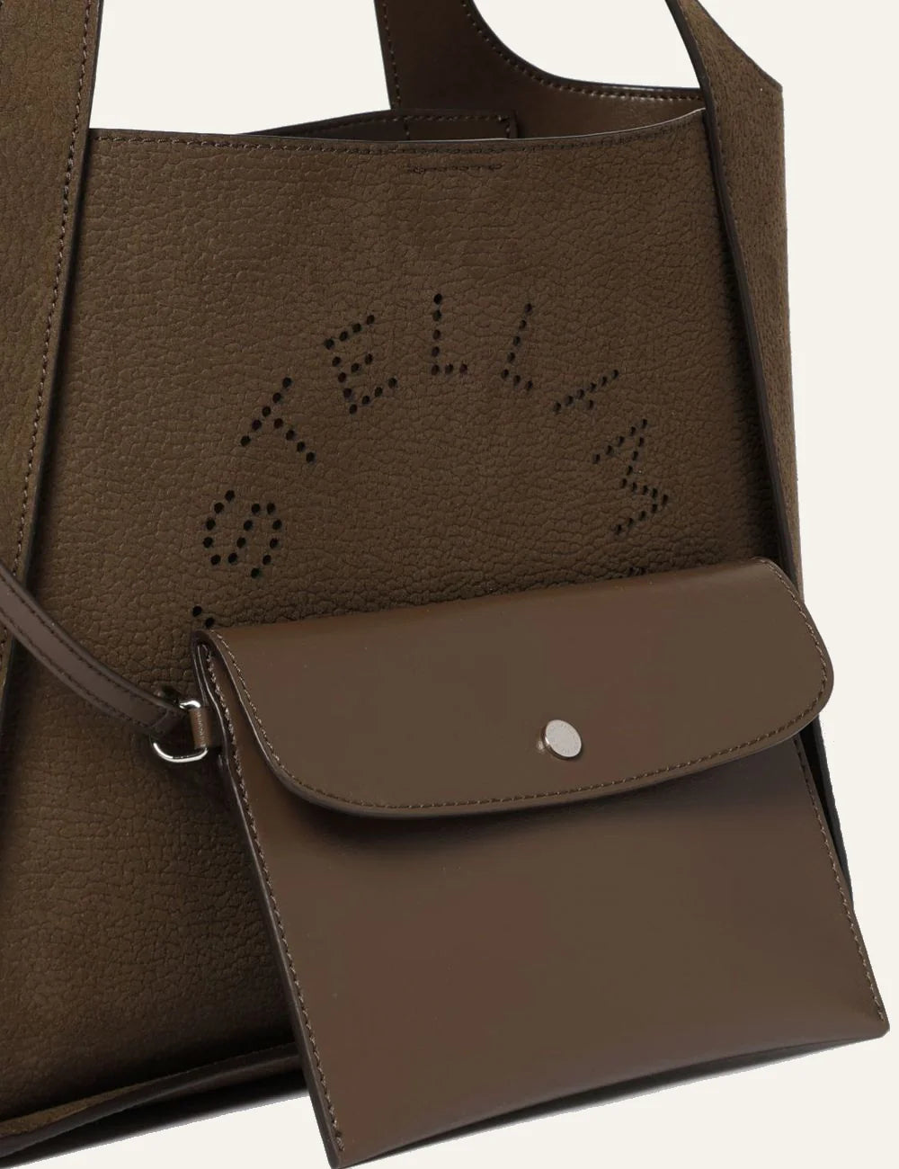 Stella McCartney Stella Logo crossbody bag detail with detachable pouch brown vegan leather