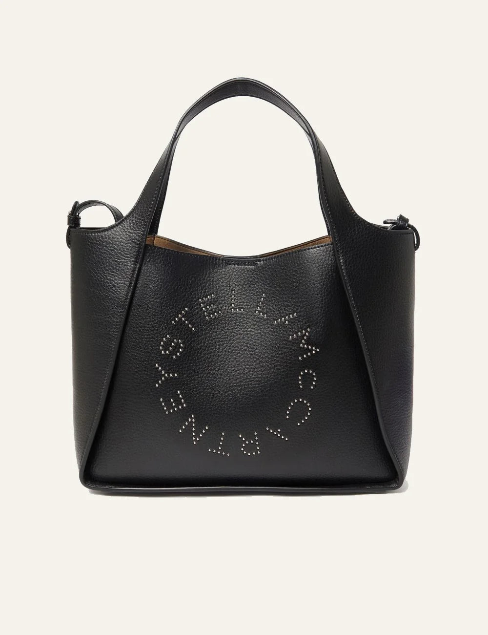 Stella McCartney black vegan leather crossbody tote front view με perforated circular logo