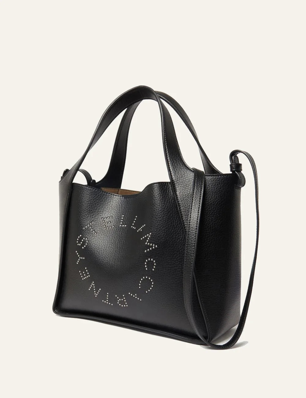 Stella McCartney black vegan leather tote side angle με detachable crossbody strap