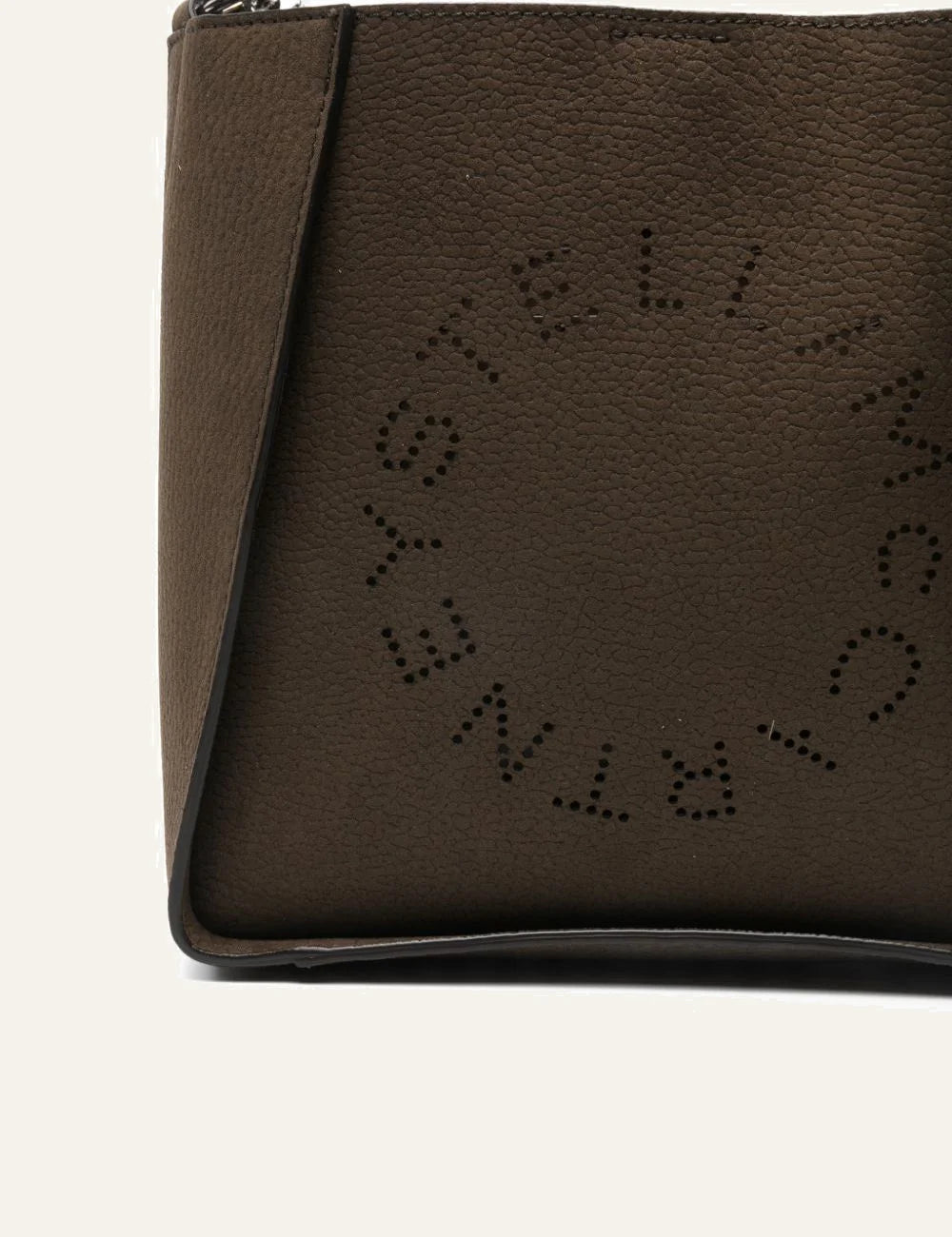 Stella McCartney Stella Logo tote detail view perforated logo brown vegan leather