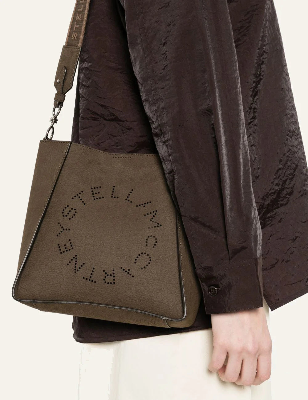 Stella McCartney Stella Logo crossbody tote worn on body brown vegan leather