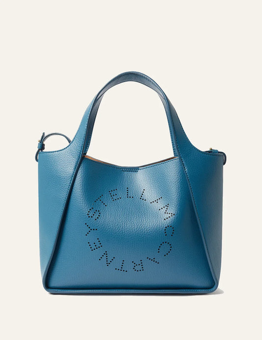 Stella McCartney teal vegan leather tote bag front view με perforated circular logo