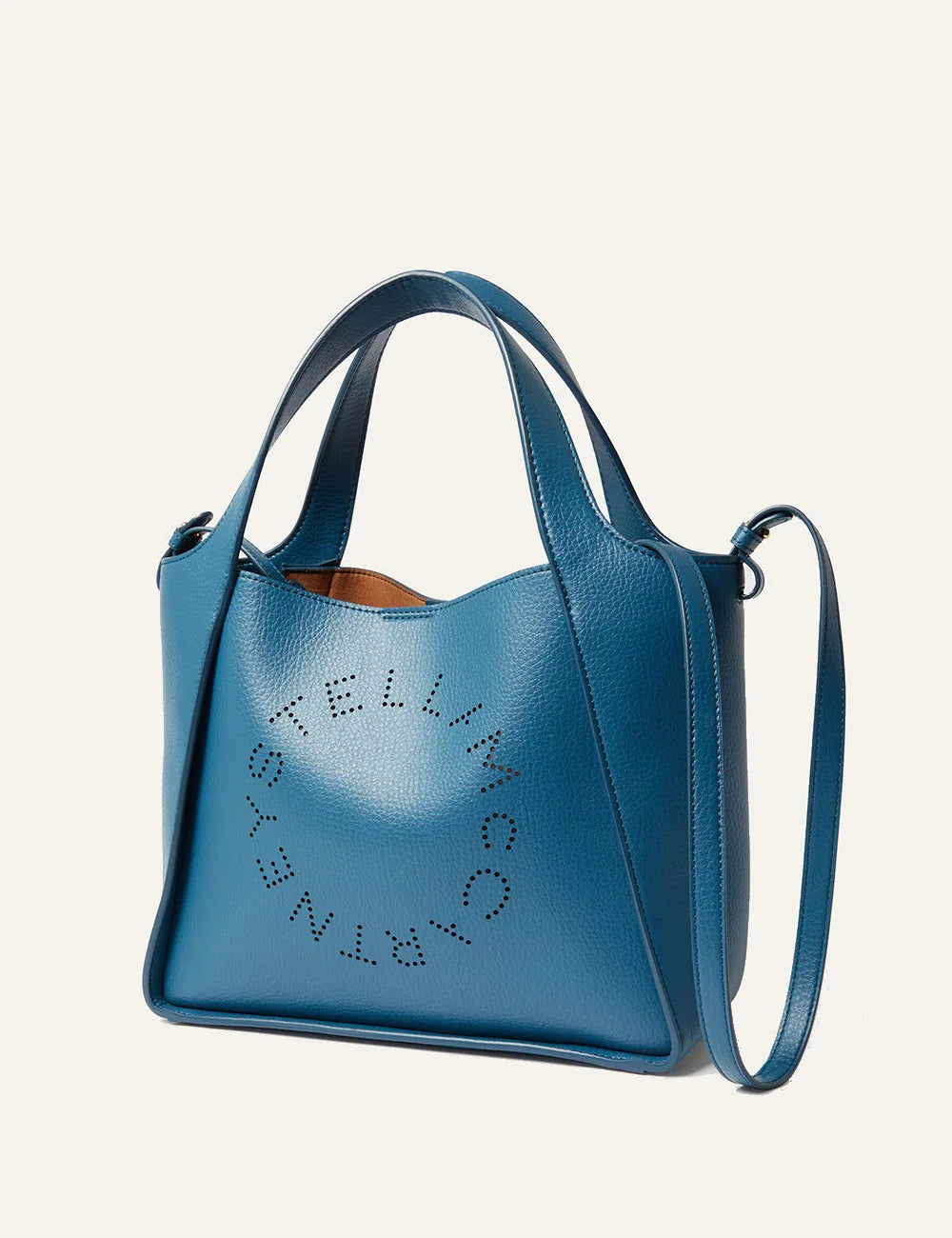 Stella McCartney teal tote bag side view με top handles και detachable shoulder strap