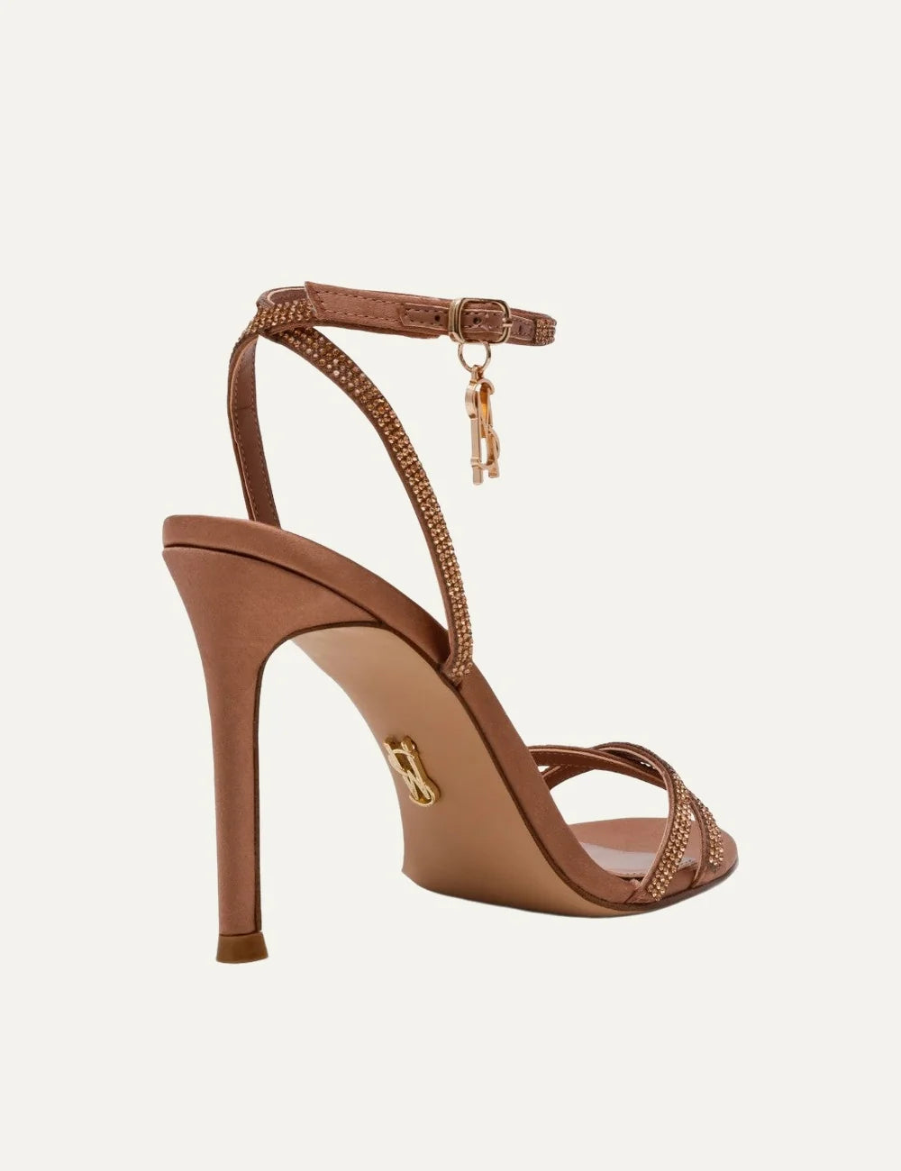Steve Madden Jypsey-CNR women's mocha brown satin high heel sandals with rhinestone embellished crisscross straps, adjustable ankle strap, gold-tone logo charm and 9.5 cm stiletto heel, back view