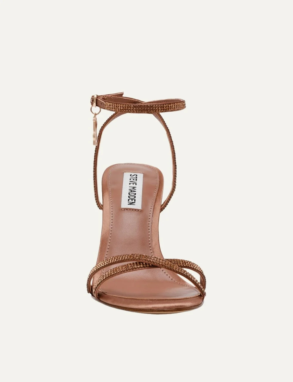 Steve Madden Jypsey-CNR women's mocha brown satin high heel sandals with rhinestone embellished crisscross straps, adjustable ankle strap, gold-tone logo charm and 9.5 cm stiletto heel, front view