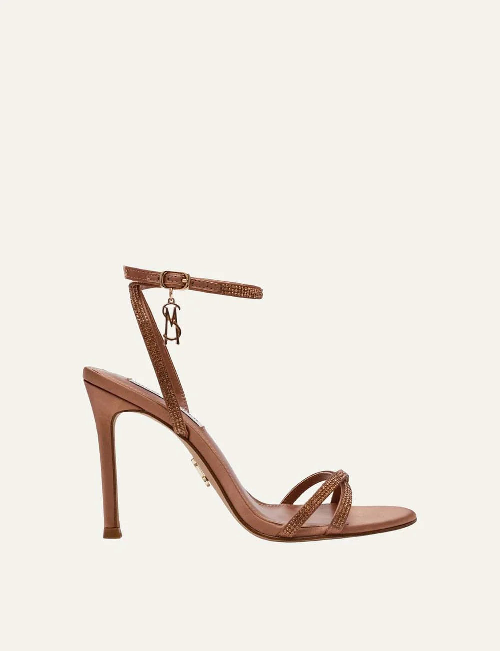 Steve Madden Jypsey-CNR women's mocha brown satin high heel sandals with rhinestone embellished crisscross straps, adjustable ankle strap, gold-tone logo charm and 9.5 cm stiletto heel, side view.