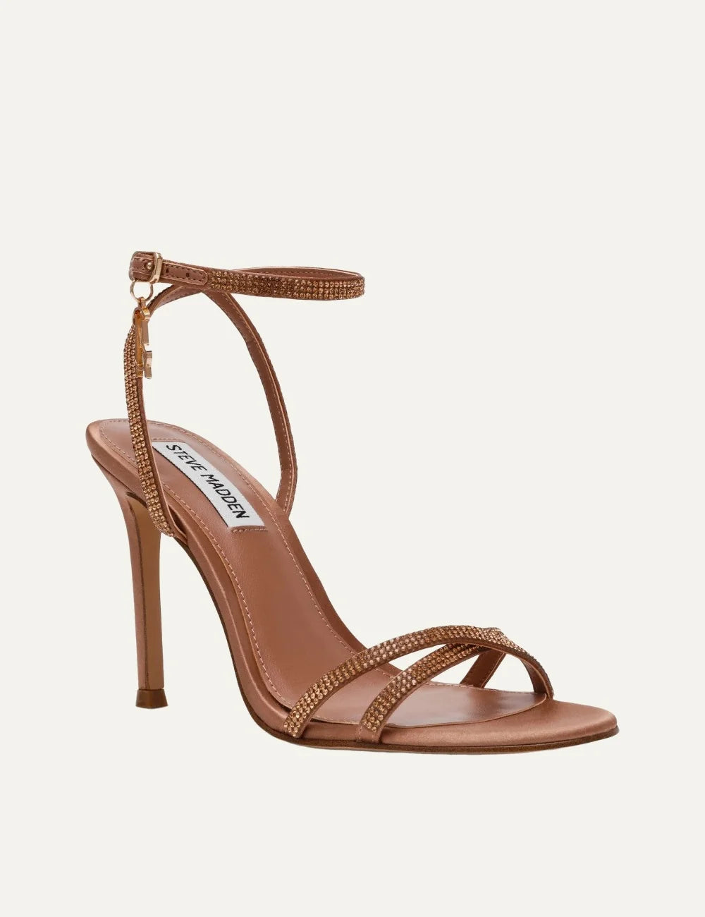 Steve Madden Jypsey-CNR women's mocha brown satin high heel sandals with rhinestone embellished crisscross straps, adjustable ankle strap, gold-tone logo charm and 9.5 cm stiletto heel,  front angle view