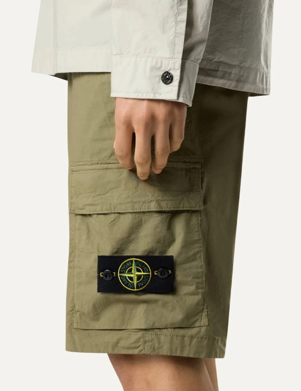 Stone Island L100020 cargo shorts military green compass patch detail