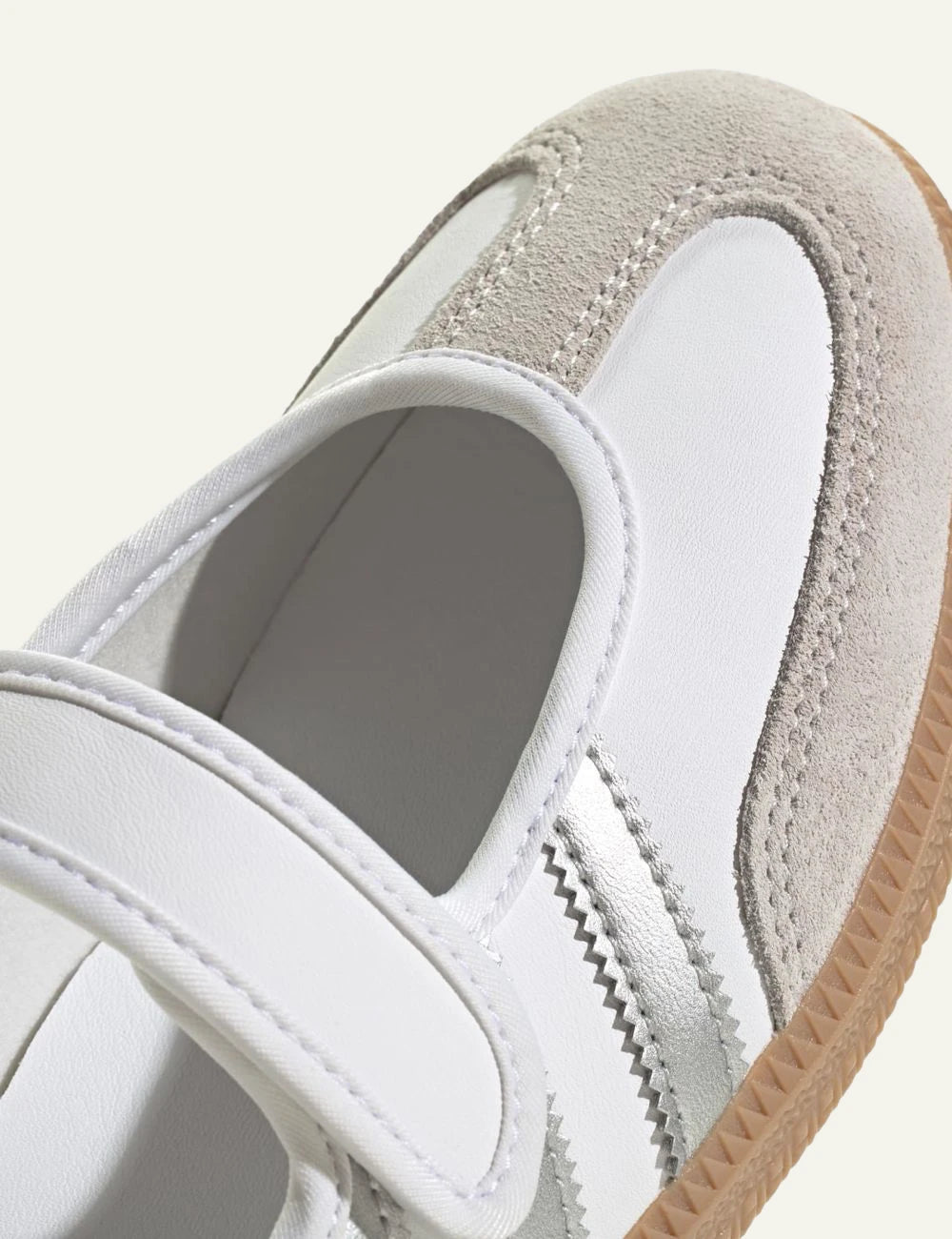 Adidas Originals Samba Jane KJ3785 cloud white silver metallic gum strap front angled view