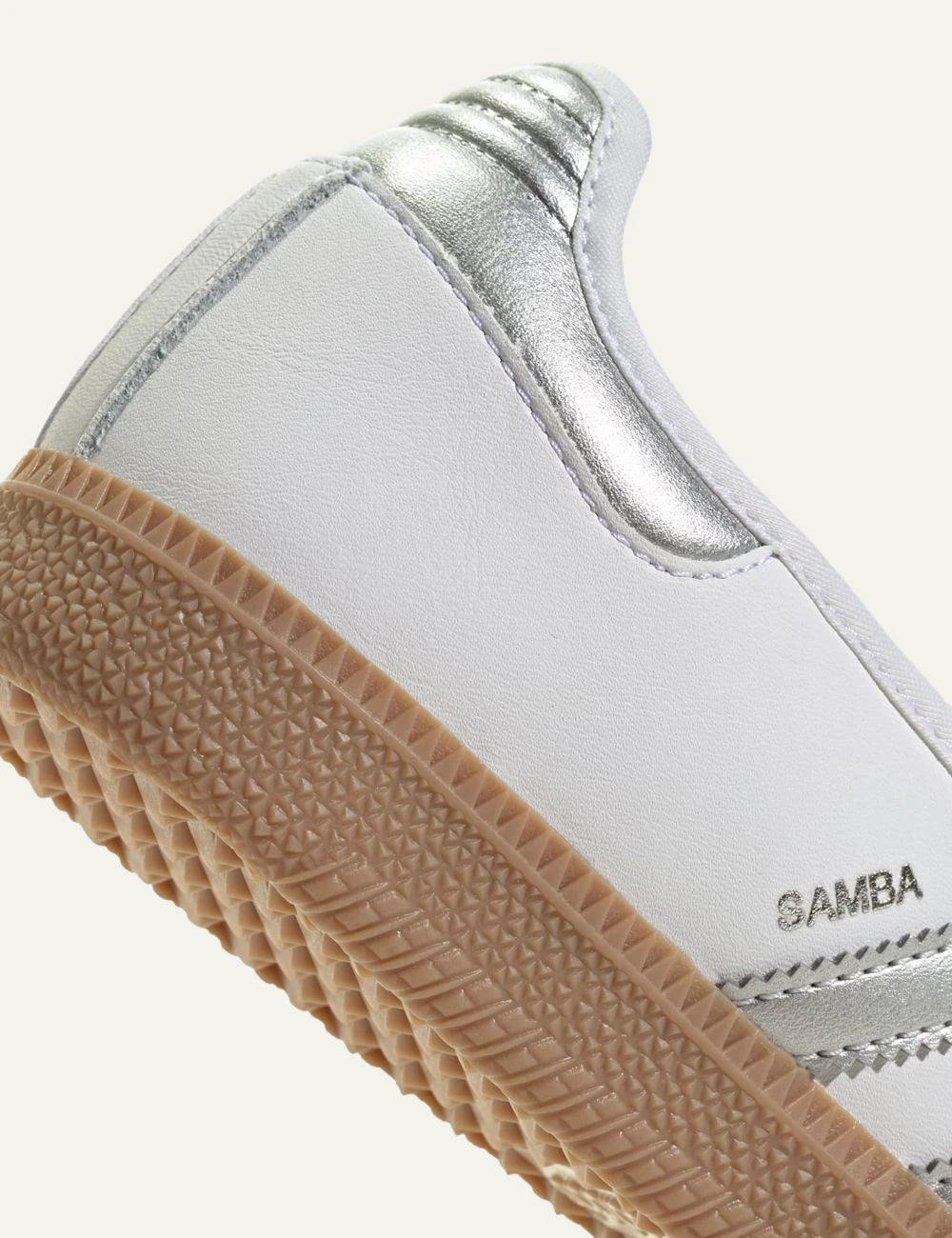 Adidas Originals Samba Jane KJ3785 cloud white silver metallic gum strap back angled view