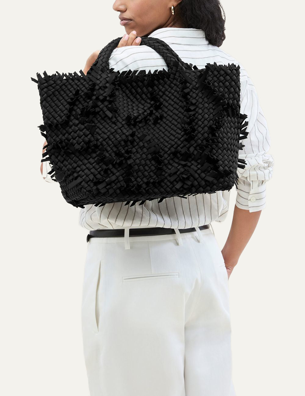 Naghedi St. Barths Medium Tote Fray Onyx close up raw fray edge detail