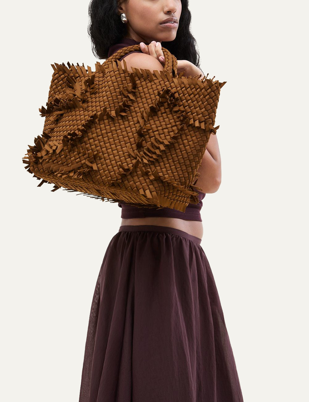 Naghedi St. Barths Medium Tote Fray Teak close up raw fray edge detail