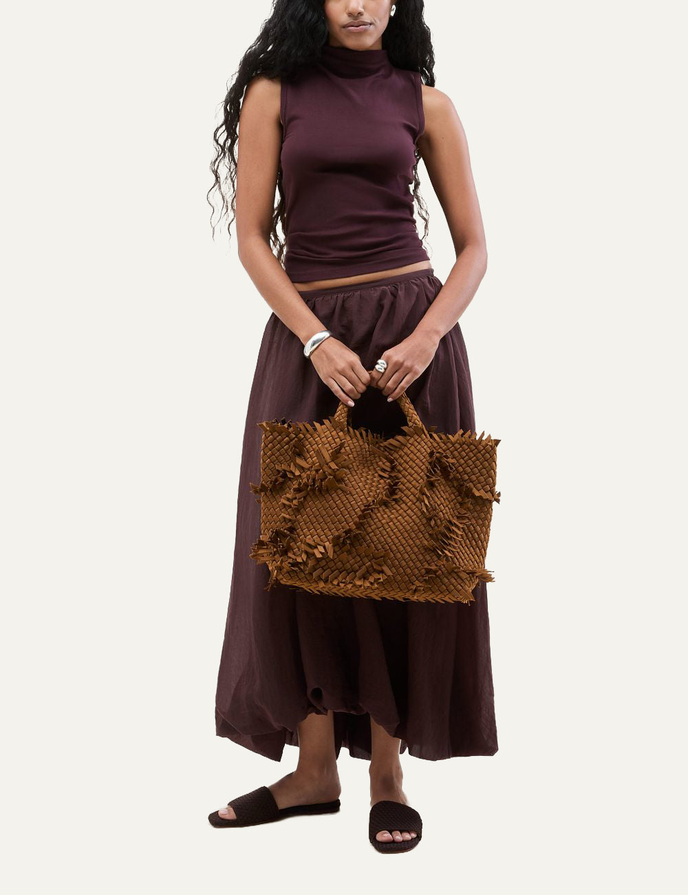 Naghedi St. Barths Medium Tote Fray Teak worn on model full body look