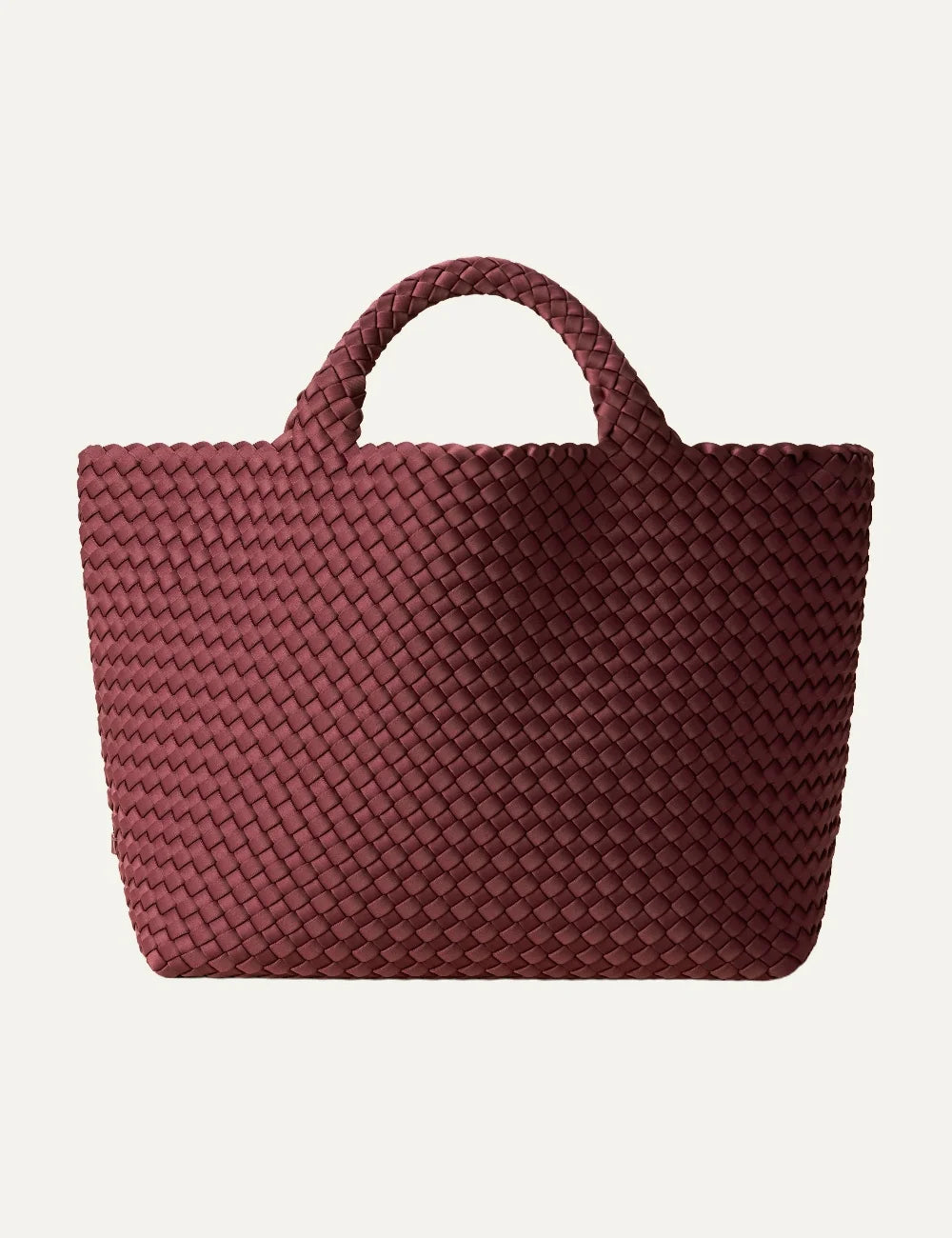 Women's Naghedi St. Barths Medium Tote in Bordeaux burgundy handwoven neoprene with woven handles front view