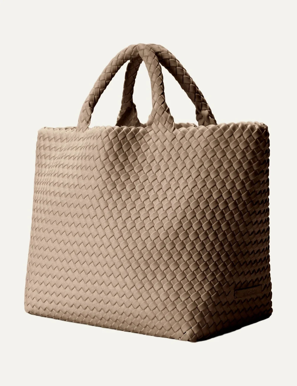 Women's Naghedi St. Barths Medium Tote in Cashmere taupe handwoven neoprene with woven handles side view