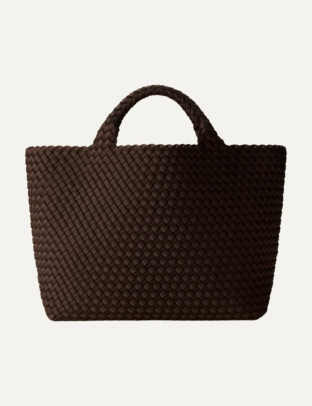 Women's Naghedi St. Barths Medium Tote in dark chocolate brown handwoven neoprene with woven handlesfront view