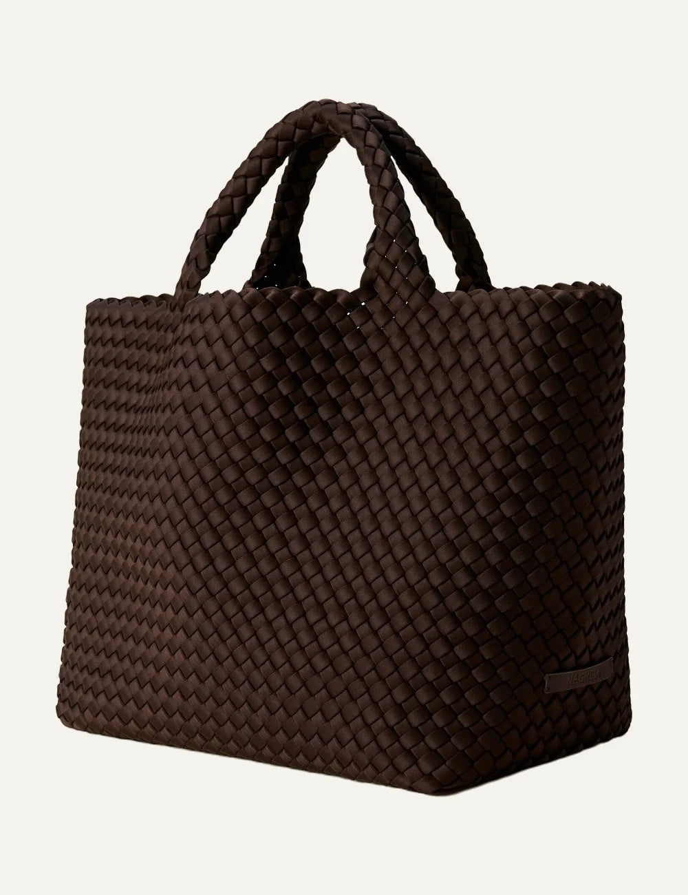 Women's Naghedi St. Barths Medium Tote in dark chocolate brown handwoven neoprene with woven handlesside view