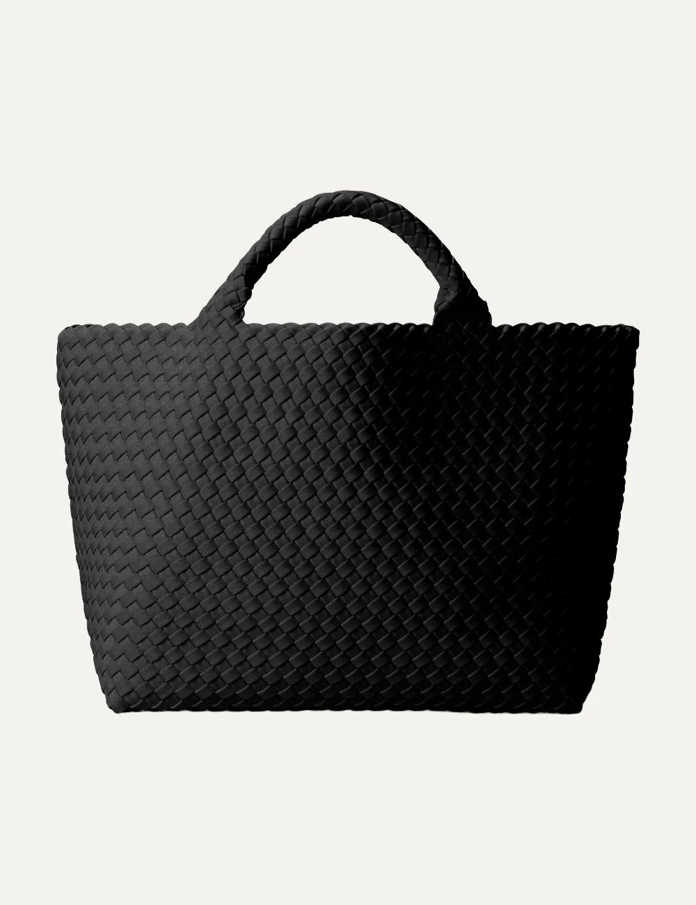 Women's Naghedi St. Barths Medium Tote in true black handwoven neoprene with woven handles front view