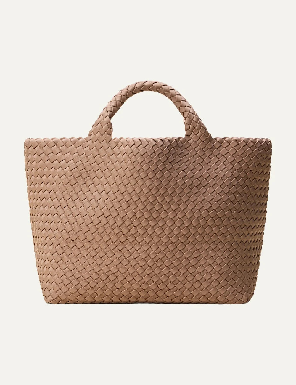 Women's Naghedi St. Barths Medium Tote in light mocha handwoven neoprene with woven handlesfront view