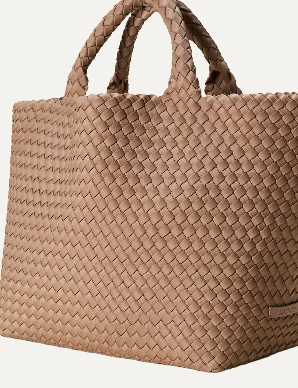 Women's Naghedi St. Barths Medium Tote in light mocha handwoven neoprene with woven handles side view