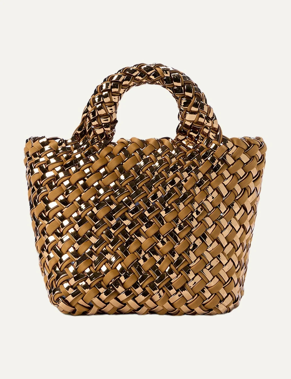 Women's Naghedi St. Barths Petit Tote in bronze metallic nylon and mustard yellow handwoven neoprene front view