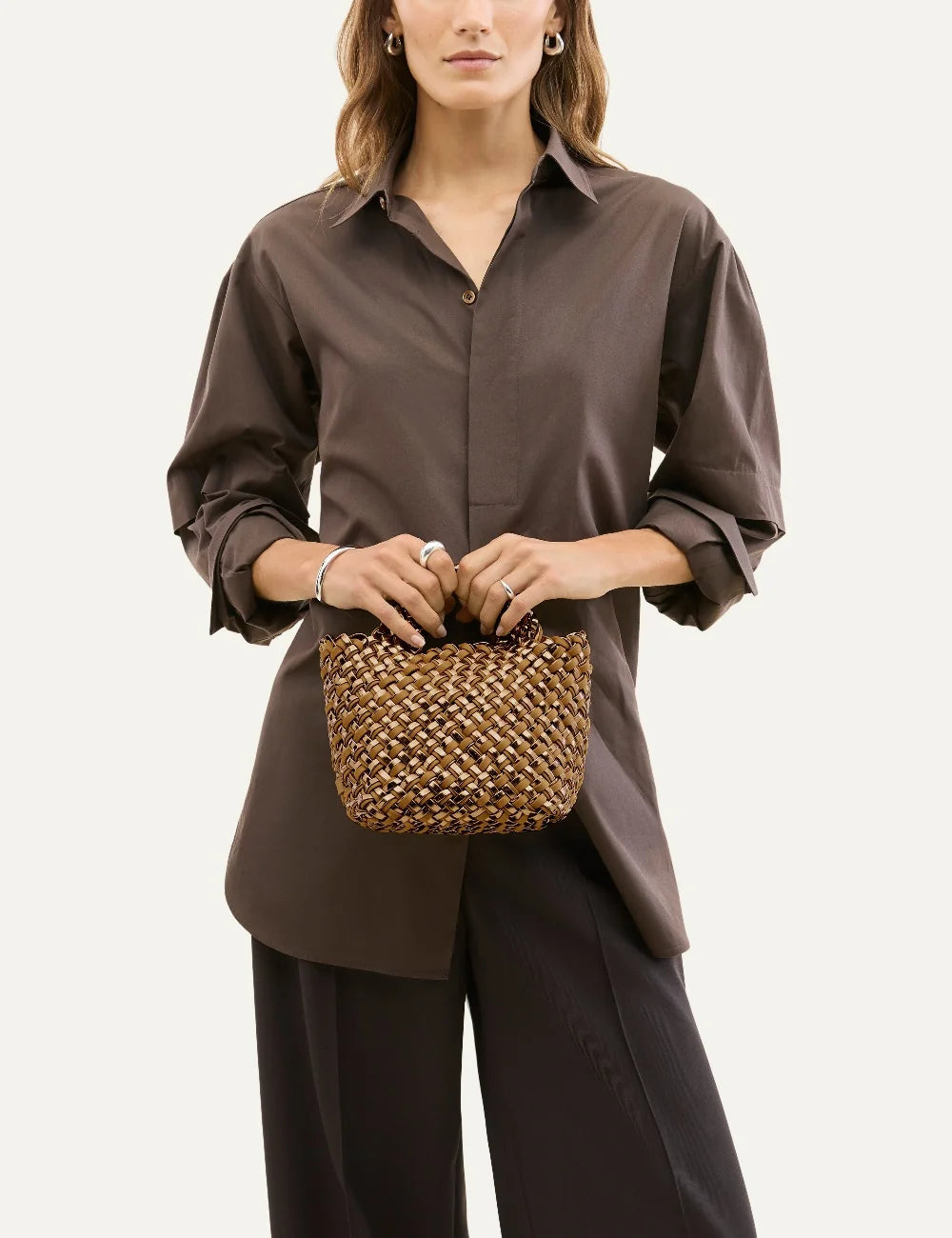 Women's Naghedi St. Barths Petit Tote in bronze metallic nylon and mustard yellow handwoven neoprene on model
