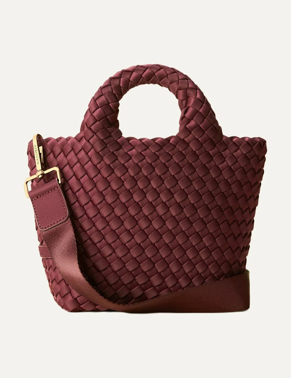 Women's Naghedi St. Barths Petit Tote in Bordeaux burgundy handwoven neoprene with detachable crossbody strapfront view