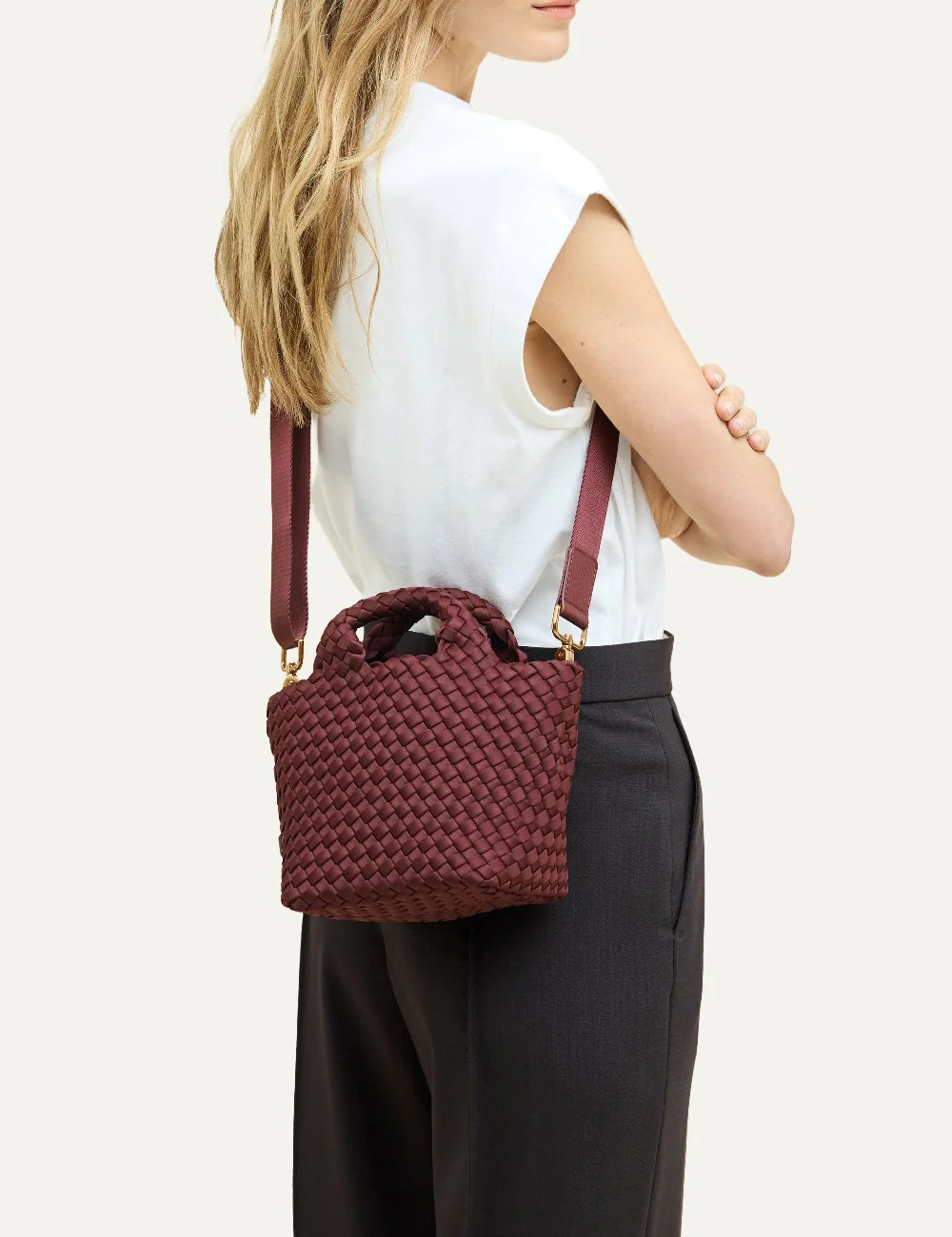 Women's Naghedi St. Barths Petit Tote in Bordeaux burgundy handwoven neoprene with detachable crossbody strapon model
