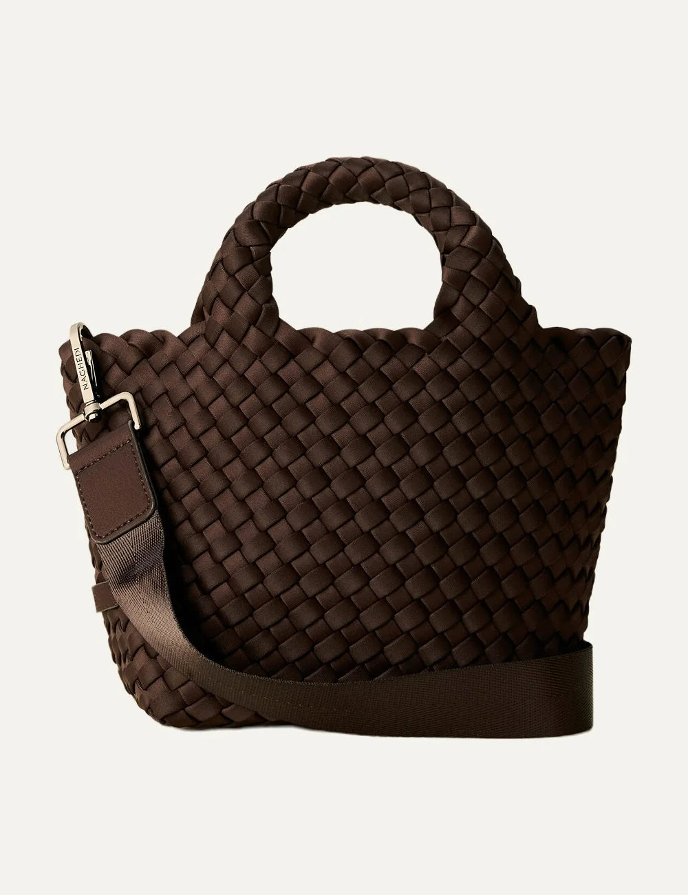 Women's Naghedi St. Barths Petit Tote in dark chocolate brown handwoven neoprene with detachable crossbody strap front view