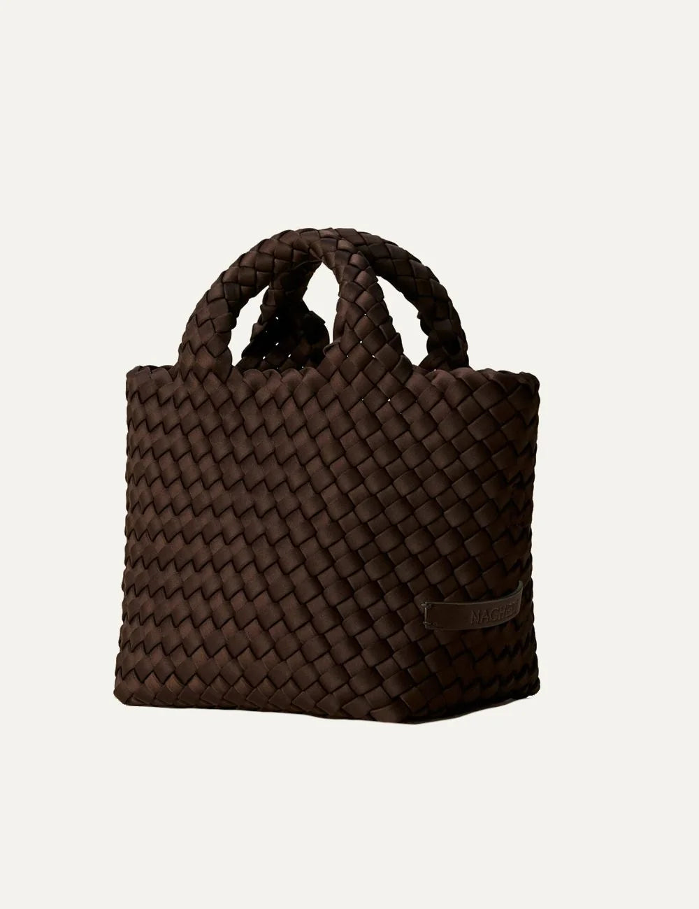 Women's Naghedi St. Barths Petit Tote in dark chocolate brown handwoven neoprene with detachable crossbody strap side view