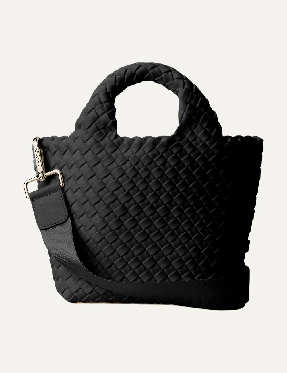 Women's Naghedi St. Barths Petit Tote in Onyx black handwoven neoprene with detachable crossbody strap front view