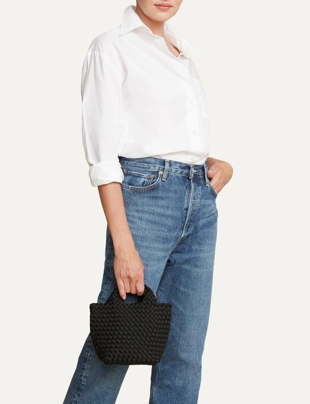 Women's Naghedi St. Barths Petit Tote in Onyx black handwoven neoprene with detachable crossbody strapon model