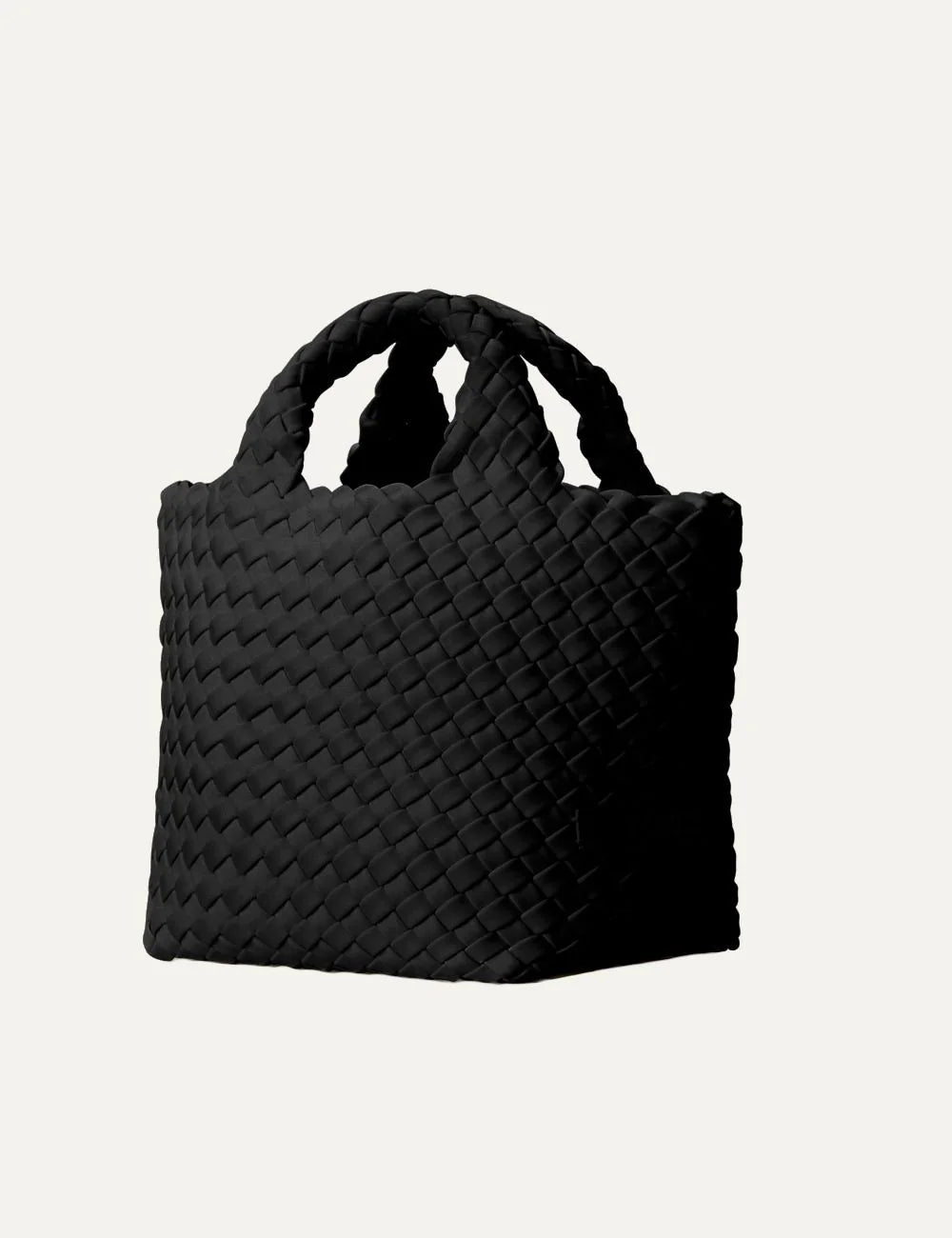 Women's Naghedi St. Barths Petit Tote in Onyx black handwoven neoprene with detachable crossbody strap side view