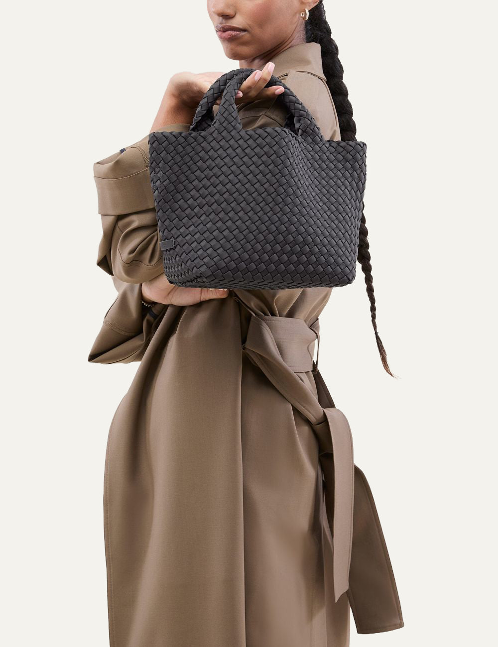 Naghedi St. Barths Small Tote Ash close up woven neoprene texture