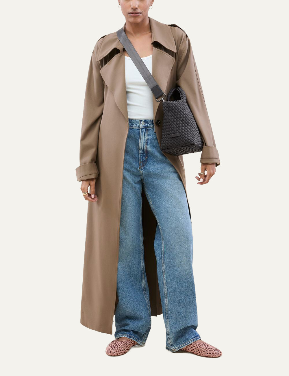 Naghedi St. Barths Small Tote Ash worn on model full body look