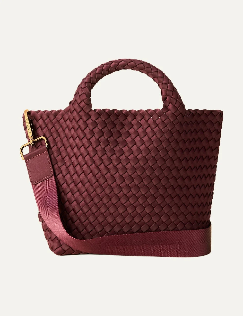Women's Naghedi St. Barths Small Tote in Bordeaux handwoven neoprene with top handles and adjustable crossbody strap front view