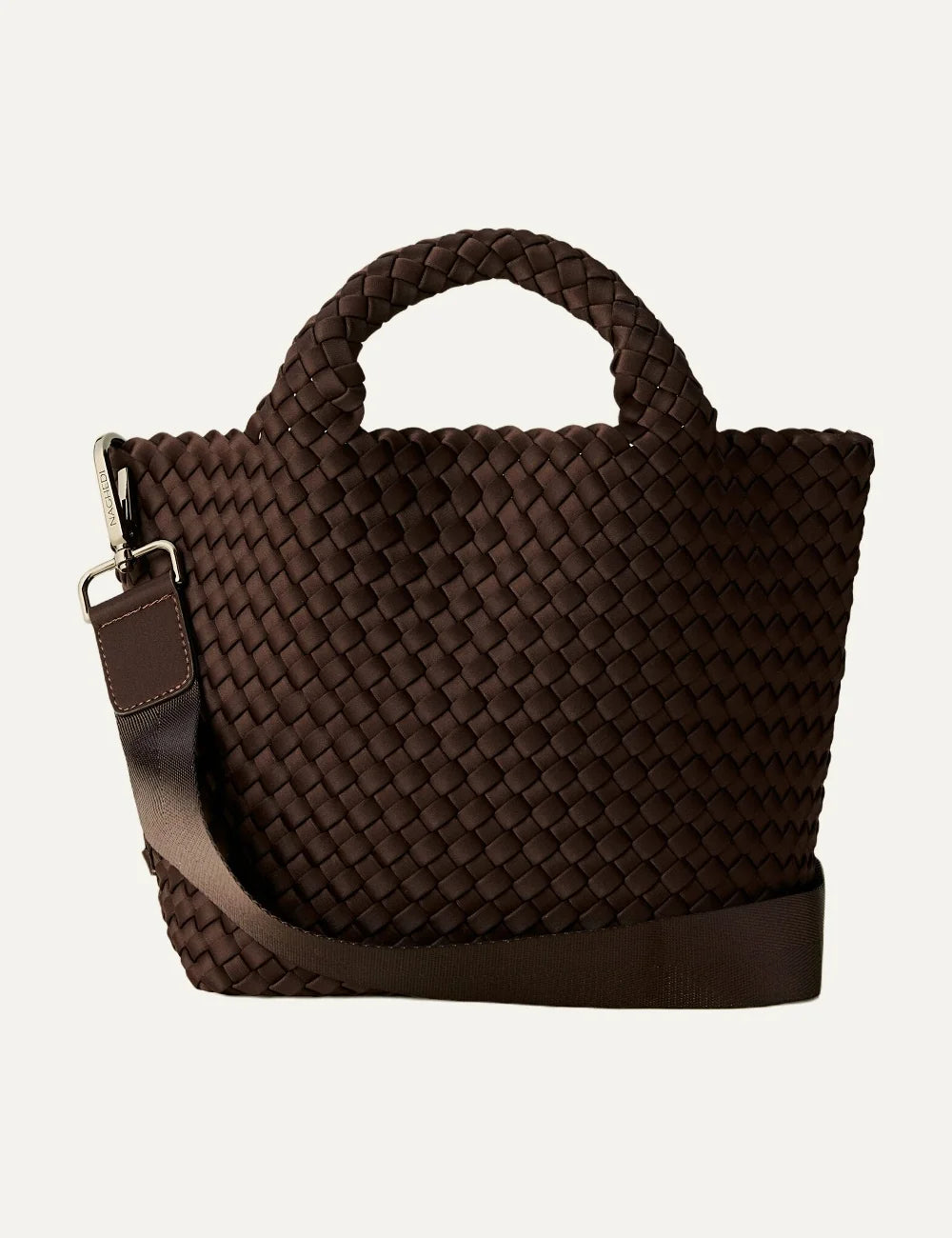 Women's Naghedi St. Barths Small Tote in dark chocolate brown handwoven neoprene with top handles and adjustable crossbody strap front view