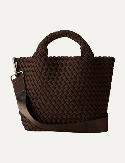 Women's Naghedi St. Barths Small Tote in dark chocolate brown handwoven neoprene with top handles and adjustable crossbody strap front view