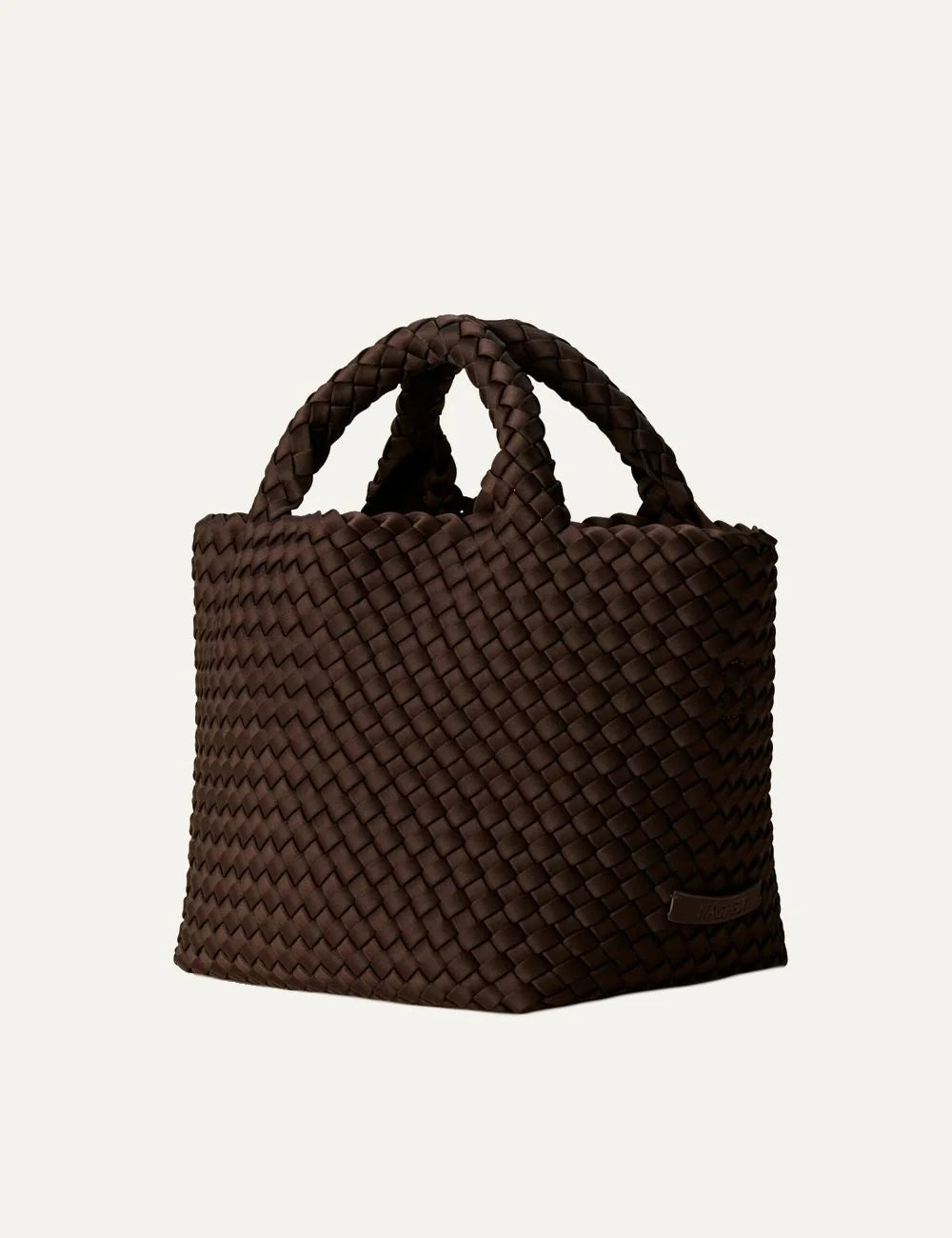 Women's Naghedi St. Barths Small Tote in dark chocolate brown handwoven neoprene with top handles and adjustable crossbody strapside view