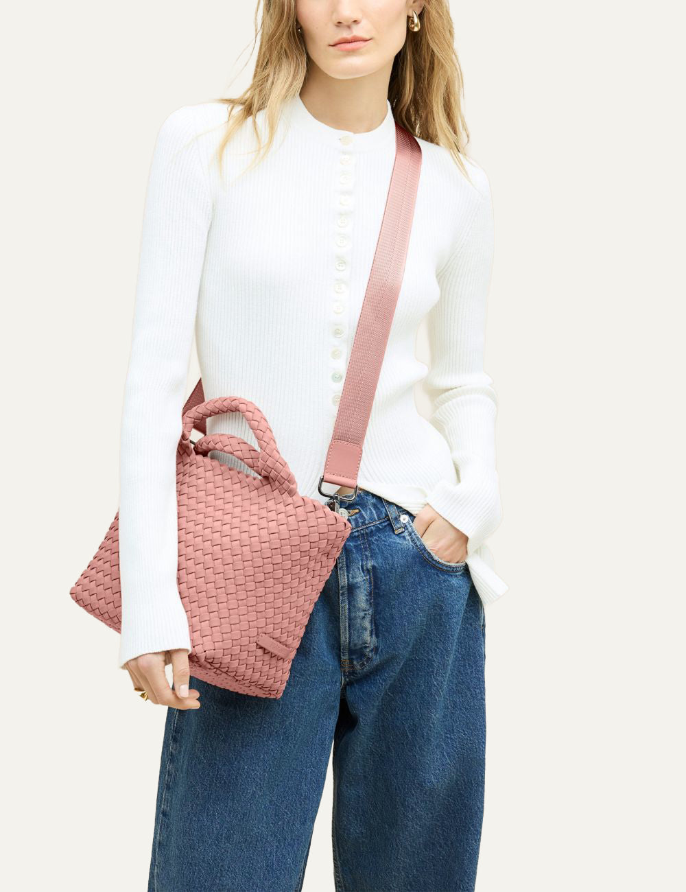 Naghedi St. Barths Small Tote Dusk close up woven neoprene texture