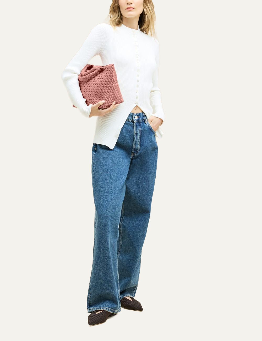 Naghedi St. Barths Small Tote Dusk worn on model full body look