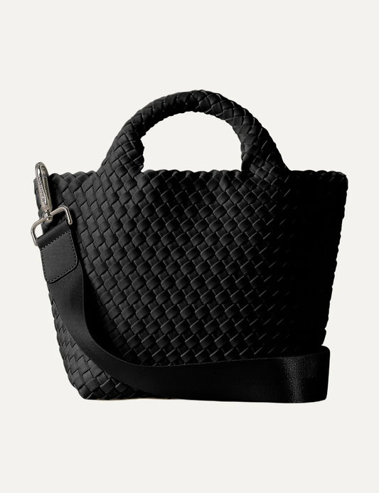 Women's Naghedi St. Barths Small Tote in black handwoven neoprene with top handles and adjustable crossbody strap front view