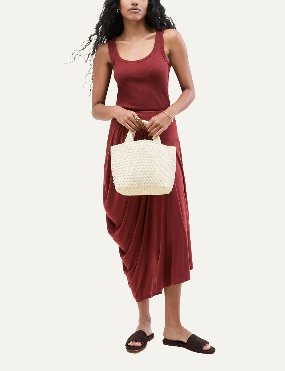 Naghedi St. Barths Small Tote Salt worn on model full body look