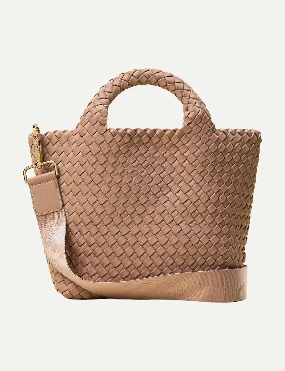 Women's Naghedi St. Barths Small Tote in Seychelles beige handwoven neoprene with top handles and adjustable crossbody strap front view
