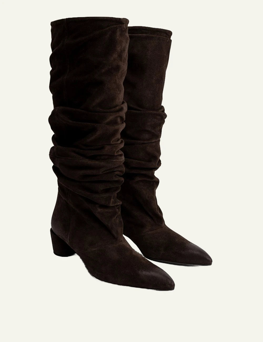 Women's POEVE dark brown suede slouchy knee-high boots with pointed toe side